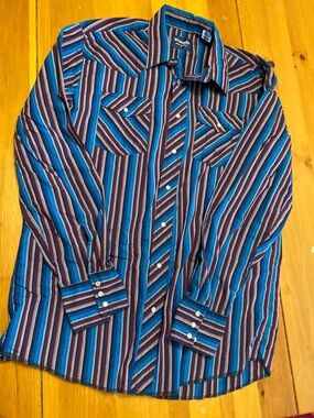 Wrangler Striped Button-Down Shirt in Blue and Burgundy